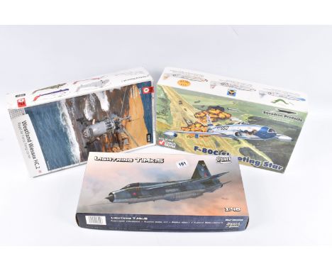 THREE UNBUILT BOXED MODEL AIRCRAFT KITS , to include a Sword 1:48 scale Lightning .Mk.5, kit no. SW48009, pieces are loose so