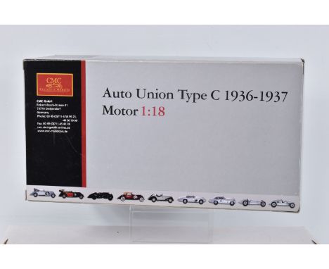 A BOXED CMC AUTO UNION TYPE C 1936-1937 1:18 SCALE MODEL, numbered M-034B model is encased inside its perspex box and house i