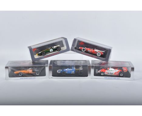 FIVE BOXED SPARK MODELS MINIMAX VEHICLES, to include a Bruno Giacomelli Alfa Romeo 179C no23 3rd Las Vegas GP 1981, numbered 
