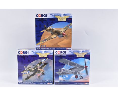 THREE BOXED LIMITED EDITION CORGI AVIATION ARCHIVE DIECAST MODEL AIRCRAFTS, the first is a Curtiss Tomahawk Mk.IIB, nunmbered