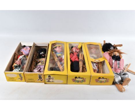 SIX BOXED PELHAM PUPPETS, SL Pinocchio, LA Poodle, SM Witch, with broom, SS Mitzi, SS Golly and SL63 Wizard, no label to clot