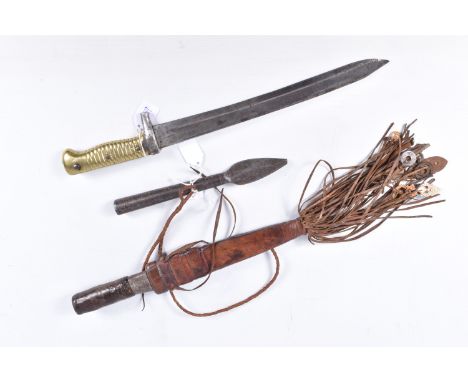 TWO BAYONETS AND A TRIBAL SPEAR HEAD, the bayonets include a European all metal rifle bayonet, this is missing its scabbard a