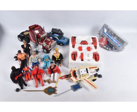 A COLLECTION OF UNBOXED VINTAGE TOYS AND FIGURES, to include a Kenner MASK Rhino Tractor Rig 37300, a few Karate Kid figures,