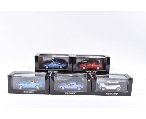 FIVE BOXED MINICHAMP 1:43 SCALE MODEL CARS, to include a 1974 Lamborghini Urraco in Blue Acapulco no. 400 103322,  a 1981 Lam