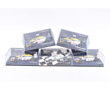 FIVE MINICHAMP MODEL CARS IN PLASTIC DISPLAY CASES,  all 1:43 scale, to include a Williams Honda FW11 N Piquet 1986 no. 400 8