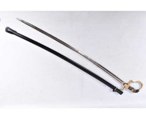 A WWII ERA GERMAN OFFICERS SWORD, this sword comes complete with its black steel scabbard, it features a wire bound black han