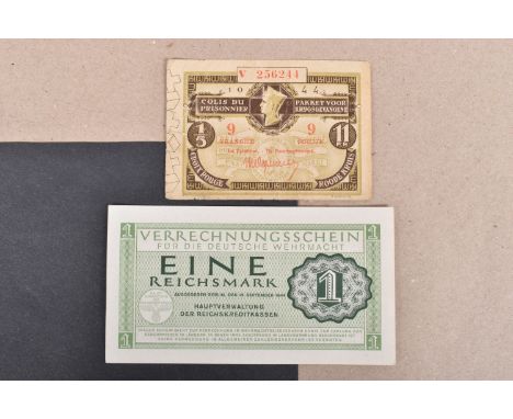 TWO BANK NOTES OF MILITARY INTEREST, these include a French bank note given to prisoners as part of their package and also gi
