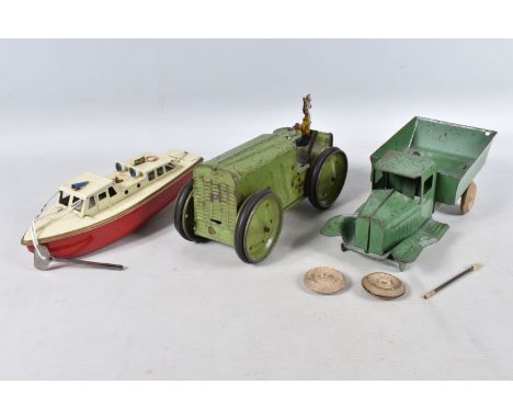 AN UNBOXED SUTCLIFFE TINPLATE CLOCKWORK OCEAN PILOT CRUISER, 'Jupiter', red hull with white deck and cabins, with key but mis