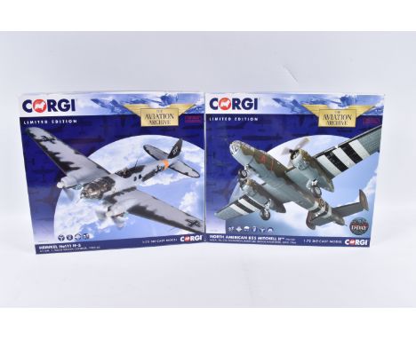 TWO BOXED LIMITED EDITION 1:72 SCALE CORGI AVIATION ARCHIVE MODEL AIRCRAFTS, the first a Heinkel He111 H-5, numbered AA33713,