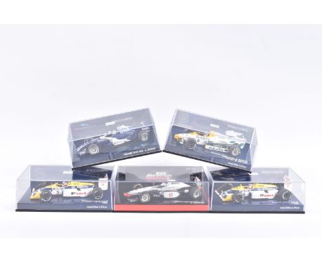 FIVE MINICHAMP MODEL CARS IN PLASTIC DISPLAY CASES, all 1:43 scale, to include a McLaren Mercedes MP 4-12  1997 D Coulthard e