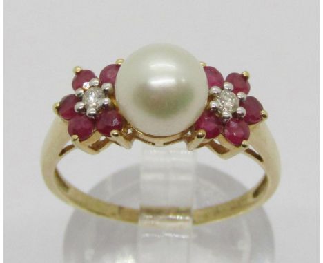 14k pearl, ruby and diamond cluster ring, size Q/R, 3.4g
