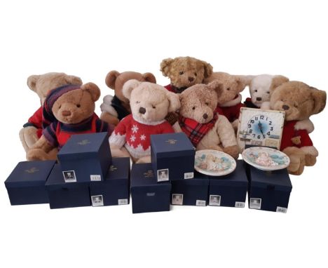 Nine Harrods teddy bears together with  a collection of ten Old Tupton Ware boxed ceramic teddy figures and other collectable