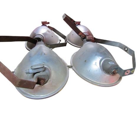Four vintage alloy and steel oval dome shaped light fittings, 53cm x 43cm