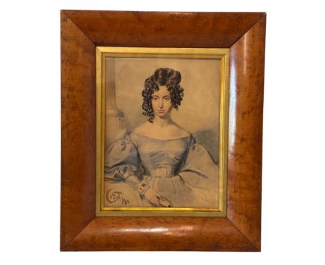 British School, Mid-19th Century - Portrait of a lady in blue dress with a jewelled bracelet, pencil and watercolour, 25 x 19