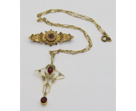 Art Nouveau yellow metal paste and seed pearl drop pendant, hung from a period 9ct chain necklace (af), with a further antiqu