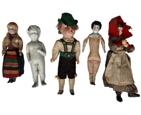 Five antique miniature bisque/china head dolls comprising an SFBJ character boy doll with jointed body in Tyrolean dress moul