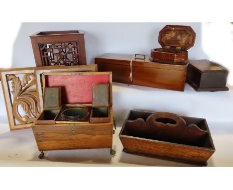 A carved mahogany jardinière, wooden panel, together with an 18th century cutlery box and other boxes, including a sarcophagu