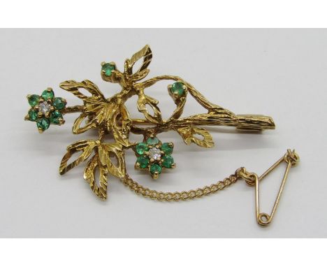 Vintage 9ct emerald and diamond floral spray brooch, 4.1cm W approx, 5g