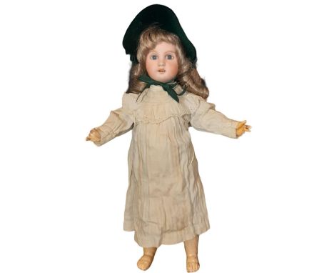 Early 20th century bisque head doll marked 1907 6, possibly by Jumeau with fixed blue eyes, painted lashes, open mouth with t