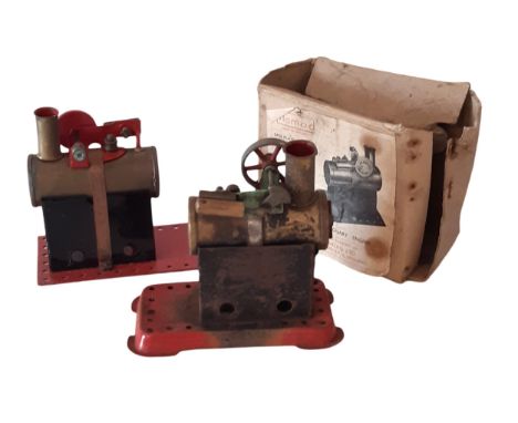 2 small live steam engines comprising a Mamod Minor No 1 Stationary Engine (with original box) and one other missing flywheel