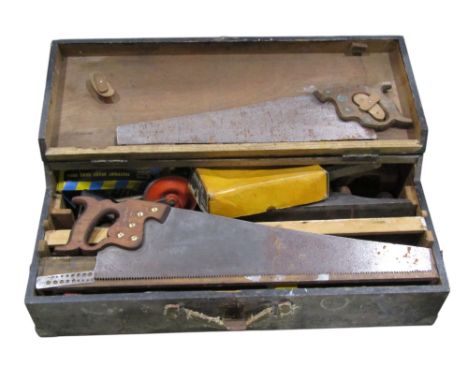 A large red painted pine box, carpenters chest and tools, picnic set, etc