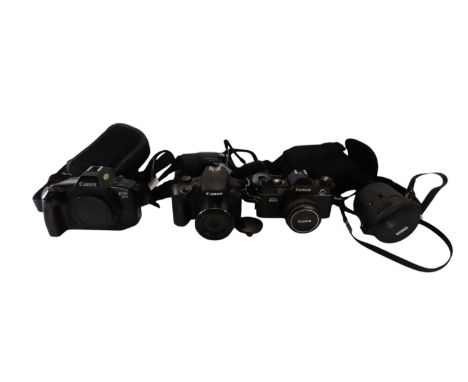 A mixed selection of cameras and camera lenses a Canon SX60 HS, a Canon EOS 650, a KonicaFP-1,