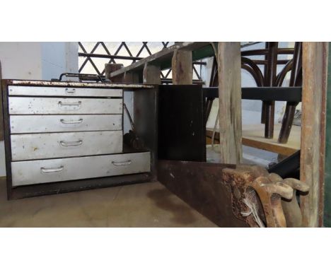 Steel tool chest, box of miscellaneous hand tools and a step ladder