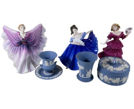 Three Doulton figures - Isadora, Elaine and Jennifer; together with four pieces of Wedgewood Jasperware in a blue and white c