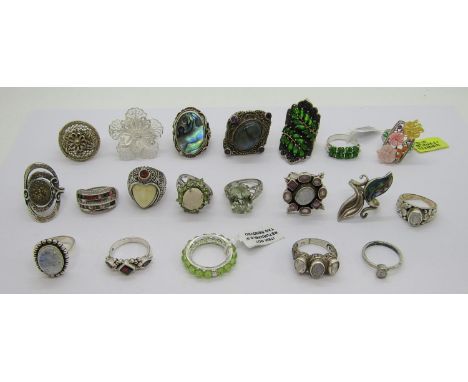 Collection of silver gem set dress rings to include three polki diamond examples, a channel set tourmaline example, a labrado