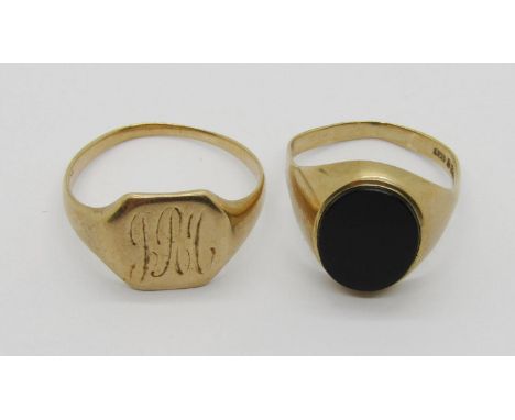 Two vintage signet rings; a 9ct onyx example and a yellow metal example with engraved initials, 5.4g total (both slightly mis