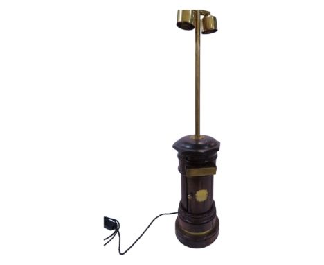 A wooden Post Box table lamp with a hinged door supporting s twin bulb light fitting, 84cm overall.