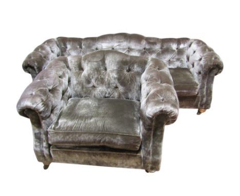 A Steed sofa and chair in a traditional Victorian style with fawn buttoned velvet upholstery, the sofa 250cm long x 1m deep, 
