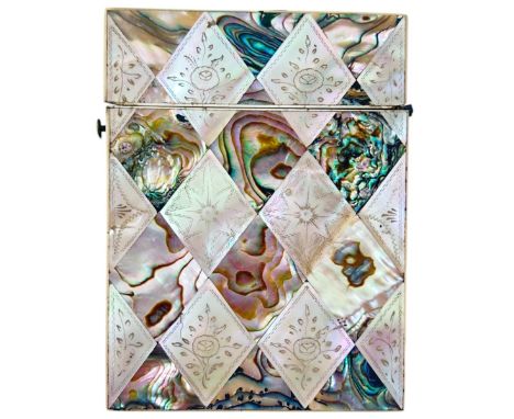 A Victorian mother-of-pearl card case with geometric detail, engraved with fleur de lys and floral detail, silver cigarette c