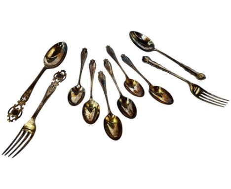 A cased Walker &amp; Hall silver christening spoon and fork together with another cased christening fork and spoon and a crue