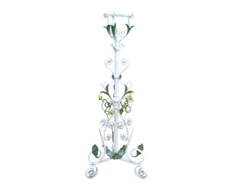 A scrolling standard lamp base with applied floral and foliate mounts and painted finish, 131cm high.