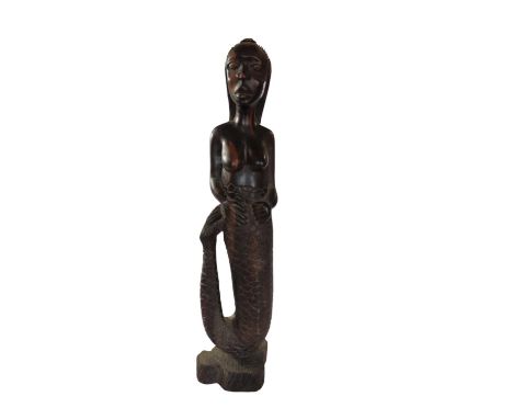 A carved wooden mermaid lamp, a carved wooden dragon lamp and a carved wooden figure of a woman. 60cm