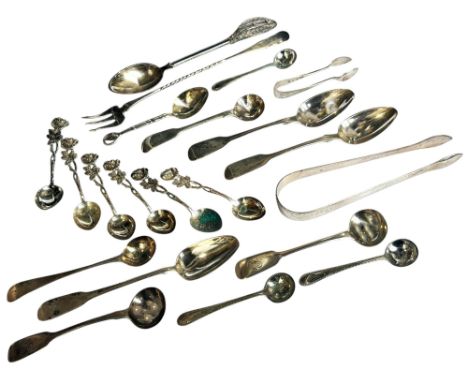A mixed selection of silver teaspoons, mustard spoons, sugar tong and a pickle fork, 8.2oz