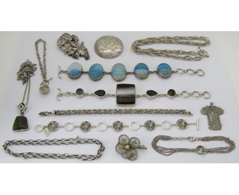 Collection of silver and white metal jewellery to include two banded agate set bracelets, an Arts &amp; Crafts style enamelle