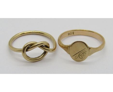 Two vintage 9ct rings; a knot design ring, size J and a signet ring with engraved detail, size L, 2.9g total