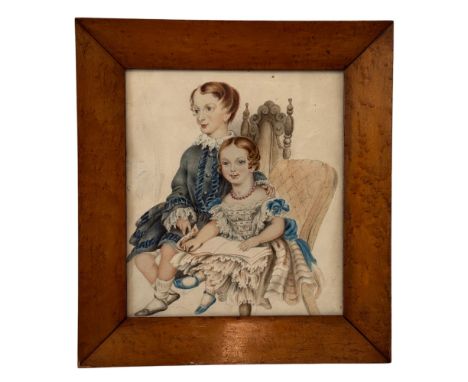 British School, Mid-19th Century - Portrait of two children, full-length, watercolour and pencil, unsigned, 23 x 20 cm, glaze