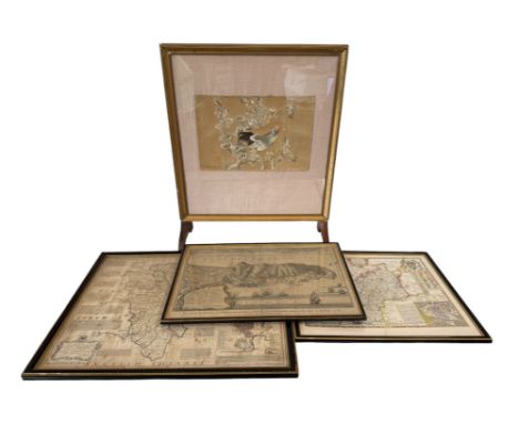 Three framed prints with a converted fire screen: A Chinese silk embroidery of a cockerel on a flowering branch, late Qing-ea