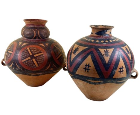 Two Chinese neolithic style jars with looped handles, of differing bulbous form, both hand-painted, largest: 29 cm high (2)