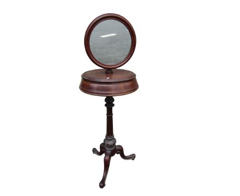 A late Victorian mahogany tripod shaving stand/compendium with adjustable mirror over box compartments, 135 cm high