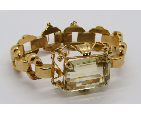 Unusual vintage yellow metal fancy link cocktail bracelet, set with a large emerald-cut citrine, indistinct foreign stamps to