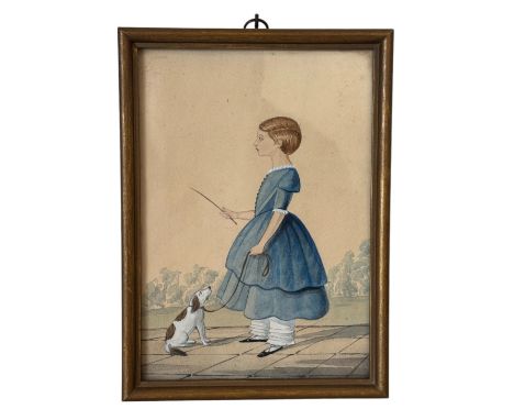 A 19th century Primitive portrait of a girl wearing a blue dress with a dog, full-length in profile, 18 x 13 cm, framed