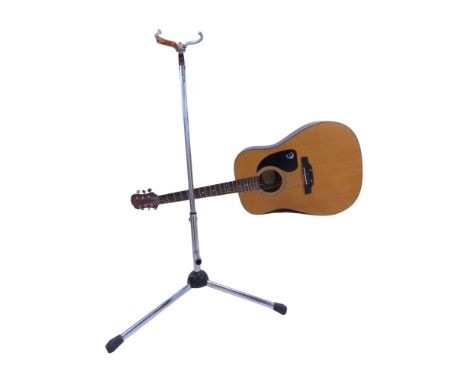 A Gibson six string Epiphone acoustic guitar Model PR - 200 NS Serial No Z 7020275, together with an adjustable clamp stand.