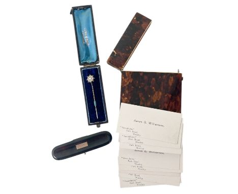 A Victorian tortoiseshell card case, a Victorian tie pin with seed pearl setting, and a tortoiseshell toothpick case (3)Ivory