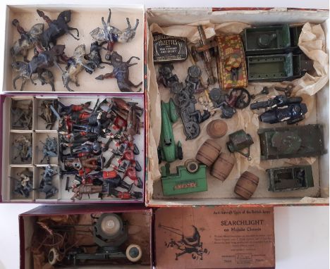 A collection of Britains military toys and Dinky toys including a Searchlight by W Brittain no 1718 in original box, hollow c