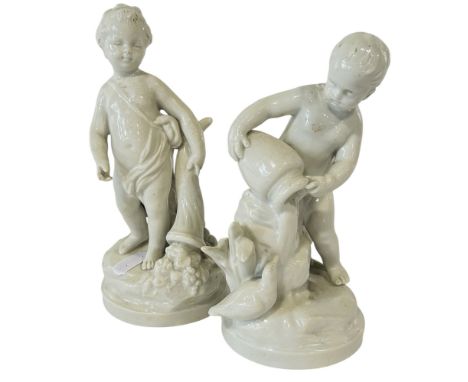 A 19th century bisque porcelain Bacchanalian group, a standing Madonna and child, male and female characters and a pair of Pu