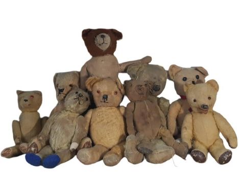 Boxful of nine vintage teddy bears, all playworn and in need of varying degrees of restoration. Height range 35-48cm (9)